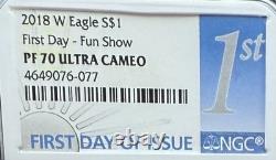 Preuve 2018 W 1 $ Silver Eagle PF70UC Premier jour Fun Show Rare 1 sur 433 Mint