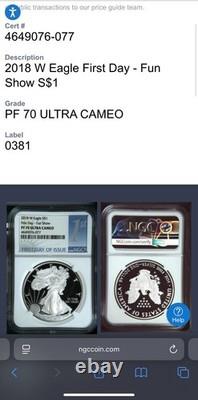 Preuve 2018 W 1 $ Silver Eagle PF70UC Premier jour Fun Show Rare 1 sur 433 Mint