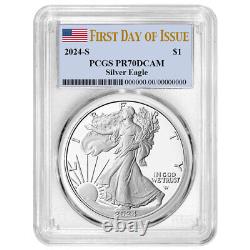 Preuve 2024-S 1 $ Aigle en argent américain PCGS PR70DCAM FDOI Étiquette drapeau