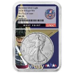 Prévente 2024-W American Silver Eagle NGC MS70 FDI avec finition brûlée, noyau de West Point