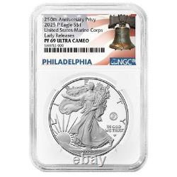 Prévente 2025-P Proof 1 $ American Silver Eagle Marine Corps Privy NGC PF69UC