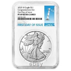 Prévente 2025-W 1 $ 1 oz Proof American Silver Eagle Ensemble de félicitations NGC