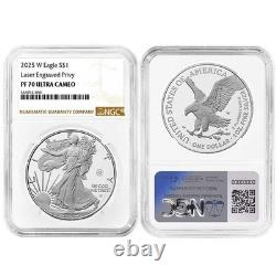 Prévente 2025-W Proof $1 American Silver Eagle Privy Laser Beam NGC PF70UC B