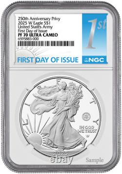 Prévente 2025-W Silver Eagle 250e Anniversaire U.S. Army Privy FDI NGC PF70 UCAM