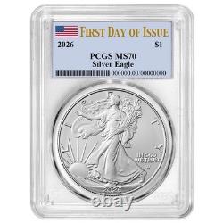 Prévente 2026 $1 American Silver Eagle PCGS MS70 FDOI Étiquette Drapeau