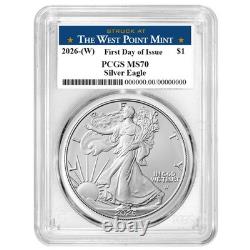 Prévente 2026 (W) 1 $ Aigle en Argent Américain PCGS MS70 FDOI Étiquette de West Point