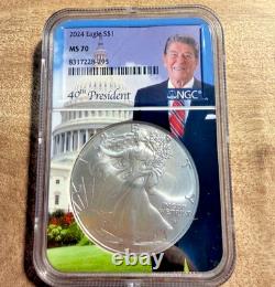 RARE 2024 W AIGLE EN ARGENT BRUNI NGC MS70 RONALD REAGAN 40e COLLECTION PRÉSIDENTIELLE