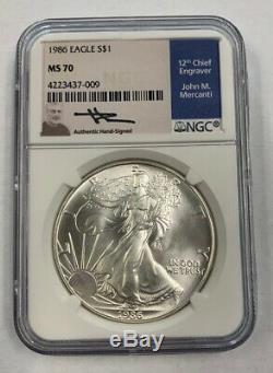 Rare 1986 Us Mint Silver Eagle John Mercanti Signée À La Main Certifié Ngc Ms70