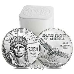 Rouleau De 20 2020 1 Oz Platinum American Eagle $ 100 Coin Bu (lot, Tube De 20)