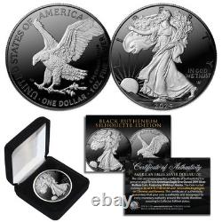 Silhouette noire en rhodium 1 once Troy Monnaie des États-Unis 2024 Aigle en argent américain avec boîte