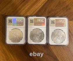Trois 2024 $1 American Silver Eagle MS70 Première Journée d'Émission NGC