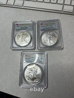 Trois aigles américains en argent, premier tirage 2013 S W, premier tirage MS 70