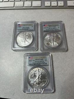 Trois aigles américains en argent, premier tirage 2013 S W, premier tirage MS 70