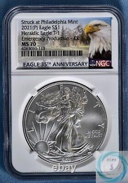 Trois pièces d'argent Eagle 2021 de 1 once MS70 NGC T-1, sortie d'urgence de la Monnaie de Philadelphie