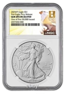 ULTRA RARE 2025 Gem Unc NGC 1 des Premiers 50K Silver Eagle avec Marque Privée Aigle