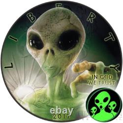 USA 1 oz ALIEN OVNI American Eagle WALKING LIBERTY pièce en argent 2017 phosphorescente dans le noir